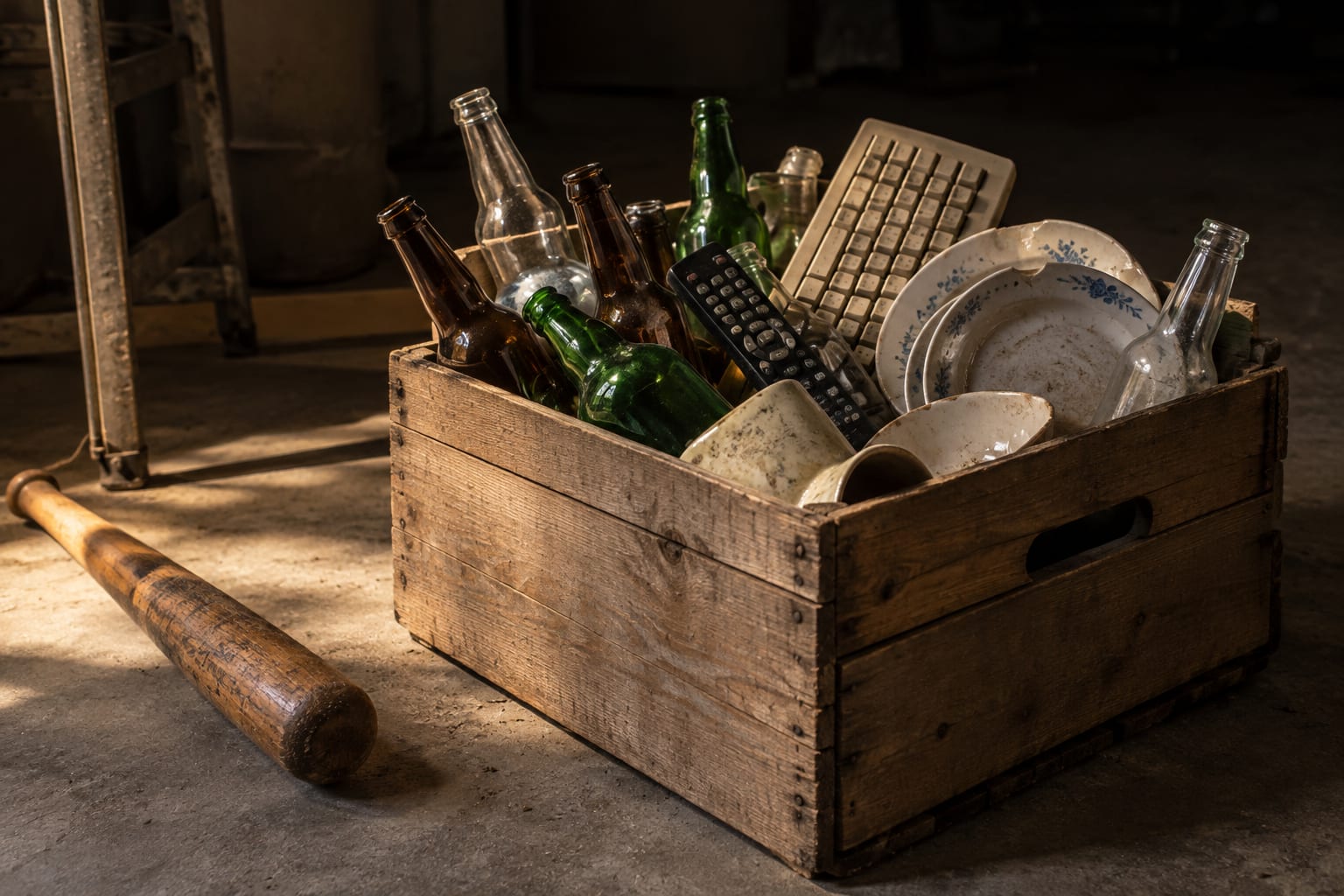 A crate of bottles, plates and old electronics ready to be smashed